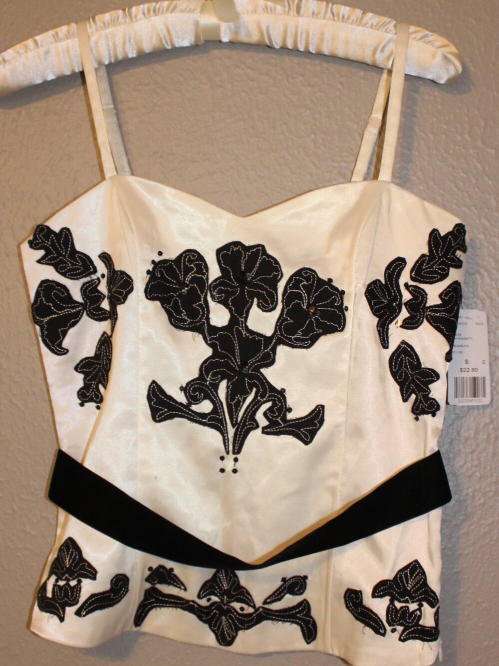 Forever 21 Cream and Black Embroidered Bustier Top
